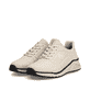 Beige Rieker Damen Sneaker Low M4903-61 aus Glattleder mit einer Schnürung. Schuhpaar seitlich schräg.