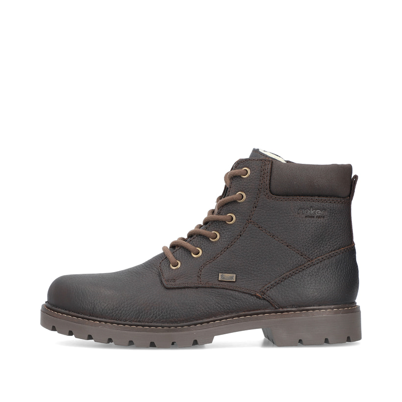 
Dunkelbraune Rieker Herren Schnürstiefel 38842-25 mit einer robusten Profilsohle. Schuh Außenseite