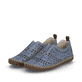 Blaue Rieker Damen Slipper M2852-12 aus Glattleder, Barfußschuhe. Schuhpaar seitlich schräg.