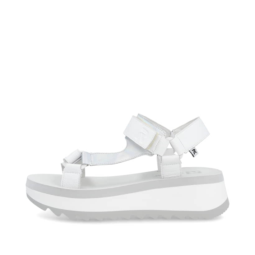 Weiße Rieker Damen Riemchensandalen W3051-80 mit einem Klettverschluss. Schuh Außenseite.