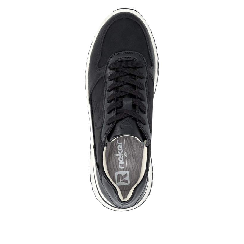 Schwarze Rieker Damen Sneaker Low W3800-00 aus Glattleder mit einer Schnürung. Schuh von oben.