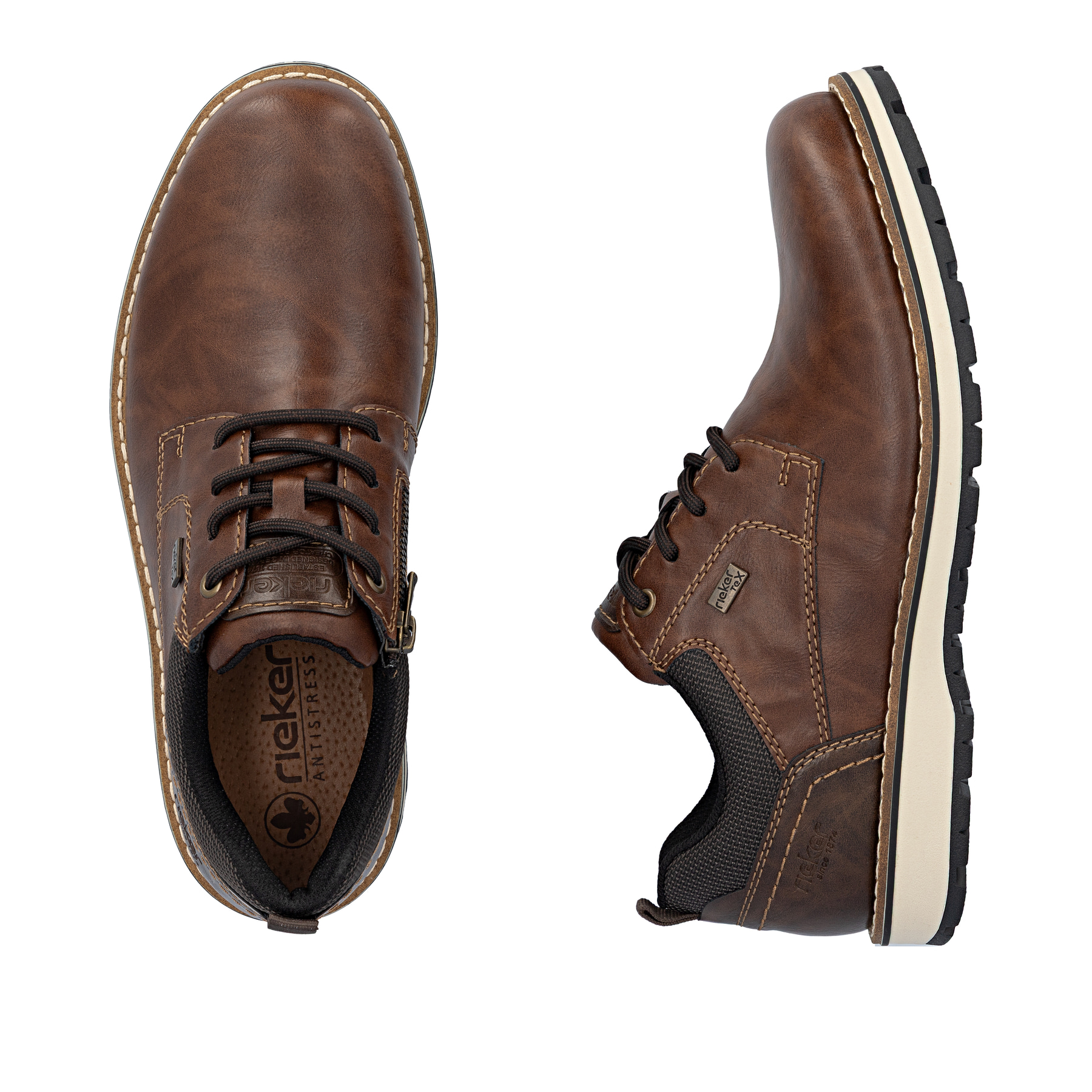 Dunkelbraune Rieker Herren Schnürschuhe 38406-24 mit modernen Ziernähten. Schuh von oben, liegend.