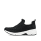 Schwarze Rieker Damen Slipper 48157-00 mit Gummischnürung sowie Komfortweite G. Schuh Außenseite.