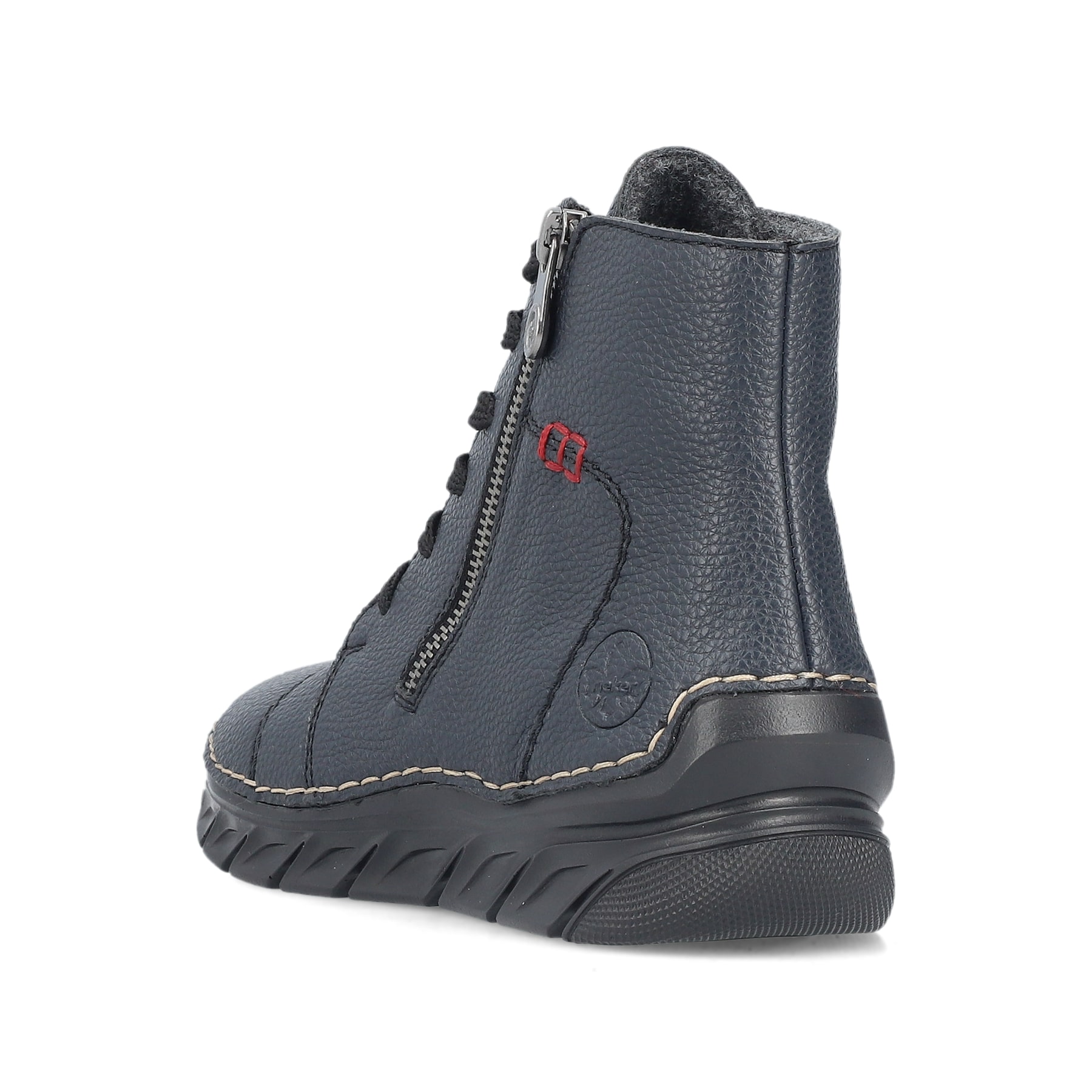 Dunkelblaue Rieker Damen Schnürstiefel 55034-14 mit einem Reißverschluss. Schuh von hinten.