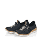 Blaue Rieker Damen Slipper N4263-14 mit Deko-Reißverschluss sowie einem Gummizug. Schuhpaar seitlich schräg.