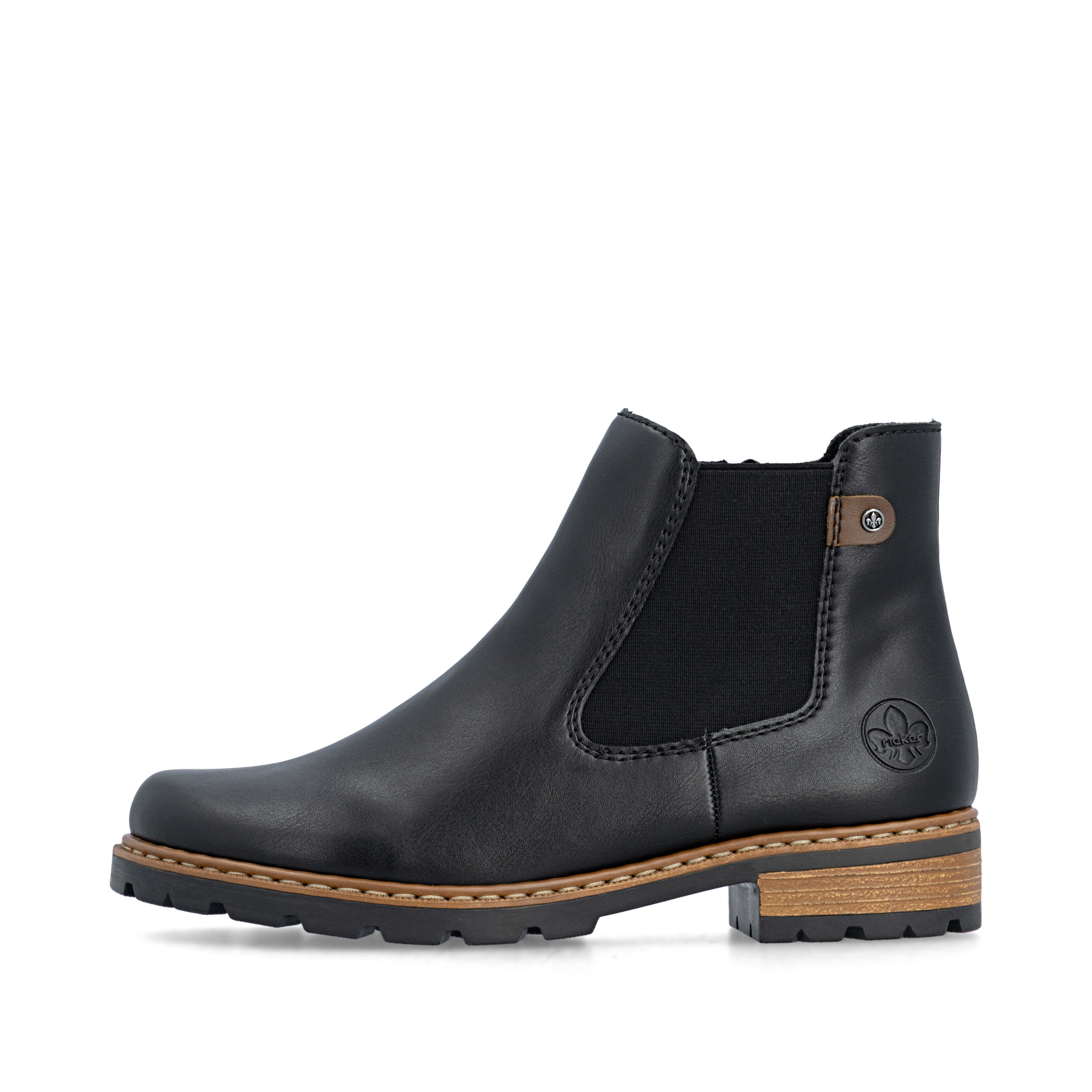 Schwarze Rieker Damen Schnürstiefel Z9340-00 mit einem Reißverschluss. Schuh Außenseite.