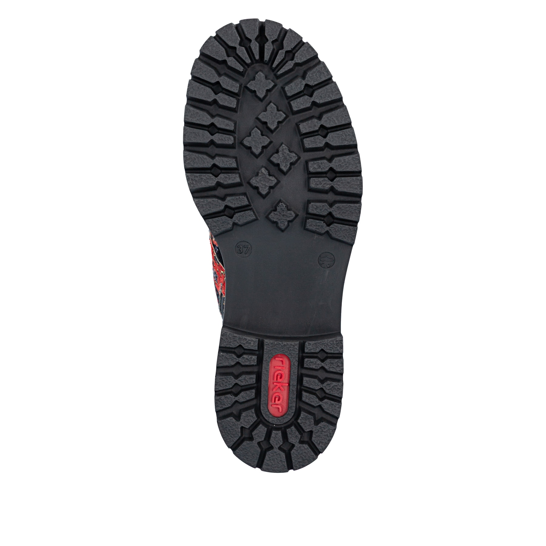 Schwarz-rote Rieker Damen Biker Boots 72617-90 mit Deko-Reißverschluss. Schuh Laufsohle.