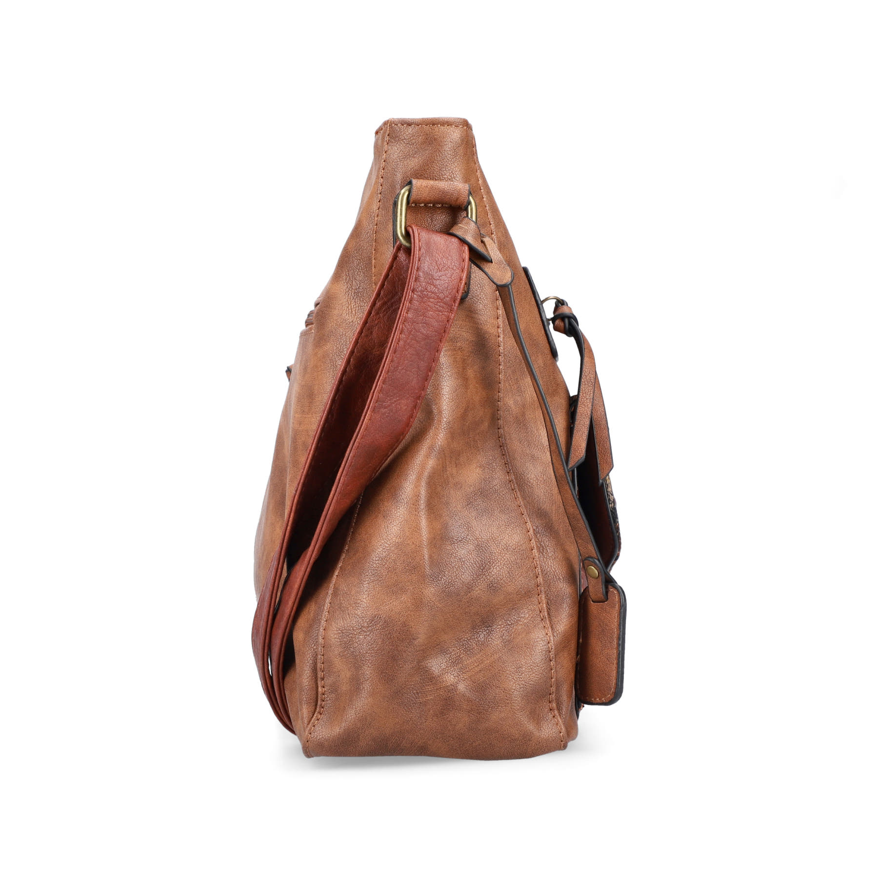Sac Ã  main Rieker H1340-22 en marron avec design Ã  carreaux, pendentif stylé, fermeture éclair et poche pour téléphone portable. Côté gauche.