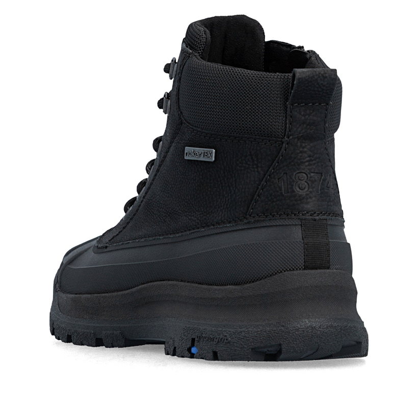 Schwarze Rieker Herren Schnürstiefel 30302-00 mit dem umdrehbaren Glacier Grip. Schuh von hinten.
