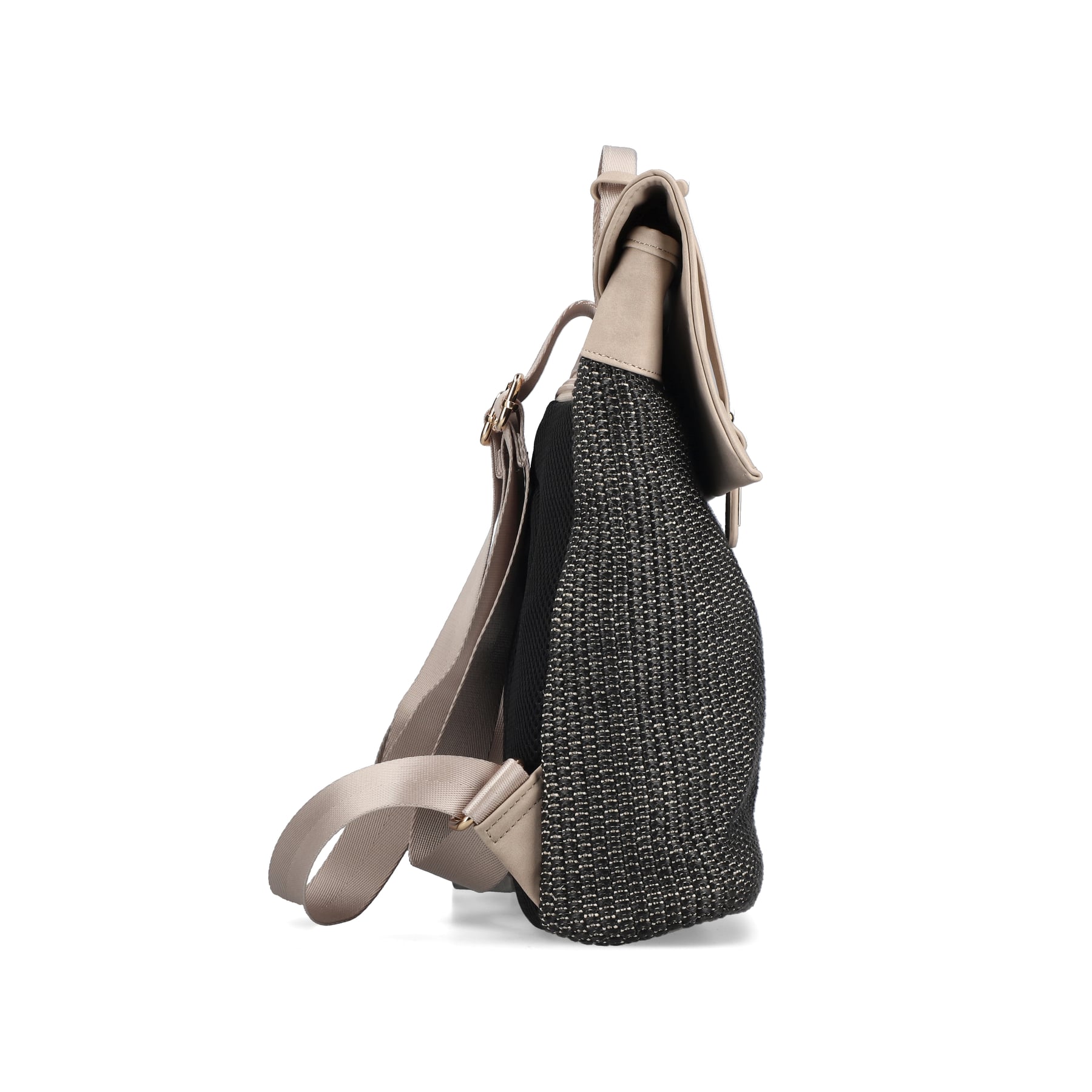 Sac à dos Rieker H1386-92 multi avec motif tressé, compartiment pour tablette et beaucoup d'autres compartiments. Ouvert.
