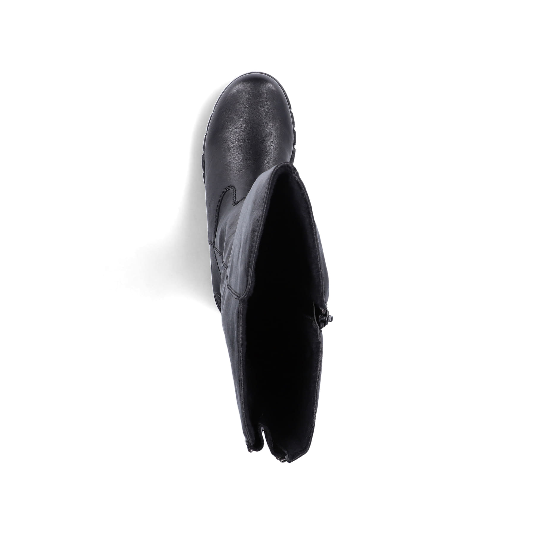 Schwarze Rieker Damen Hochschaftstiefel 74597-00 mit einem Reißverschluss. Schuh von oben.