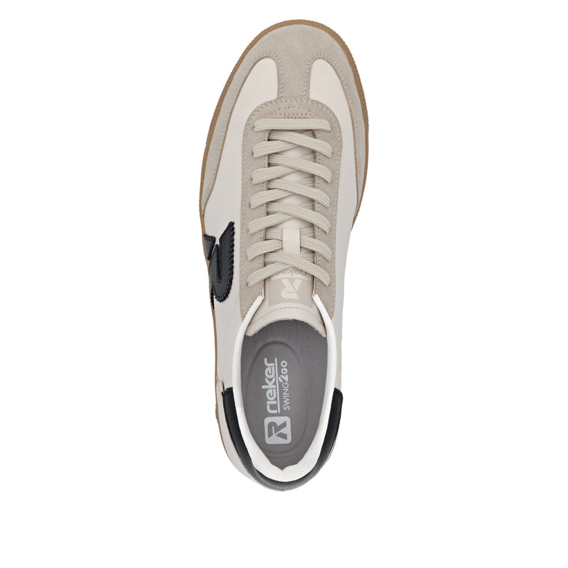 Beigeschwarze Rieker Herren Sneaker Low U2200-60 mit einer Schnürung. Schuh von oben.