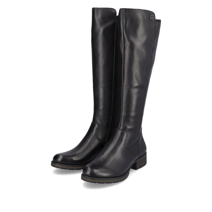 Schwarze Rieker Damen Hochschaftstiefel Z9591-01 aus Glattleder. Schuhpaar seitlich schräg.