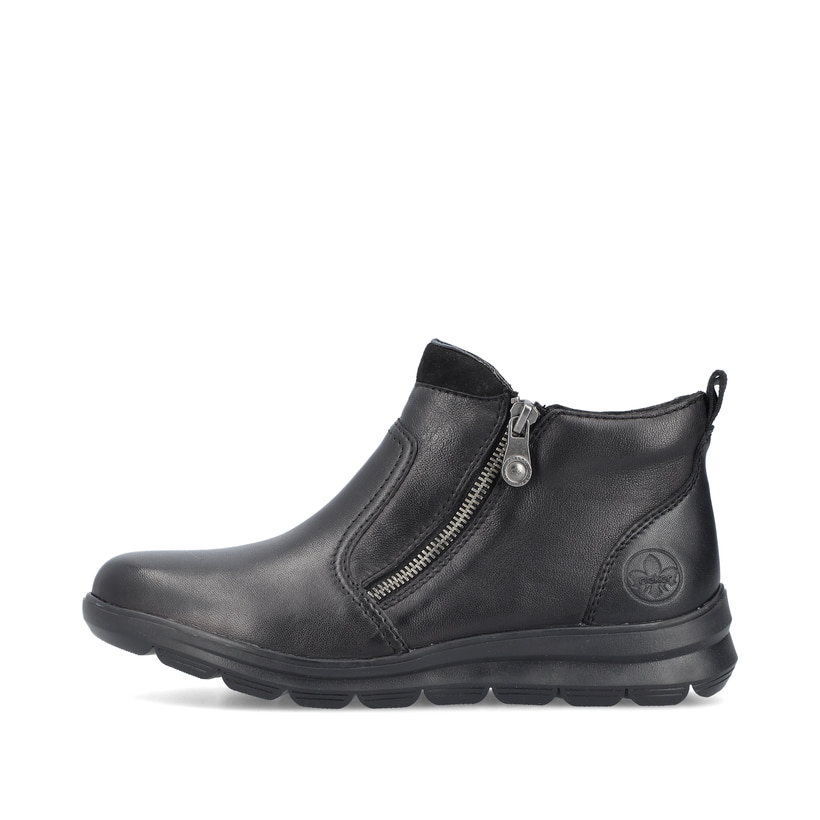 Schwarze Rieker Damen Kurzstiefel Z0060-00 aus Glattleder mit Reißverschluss. Schuh Außenseite.