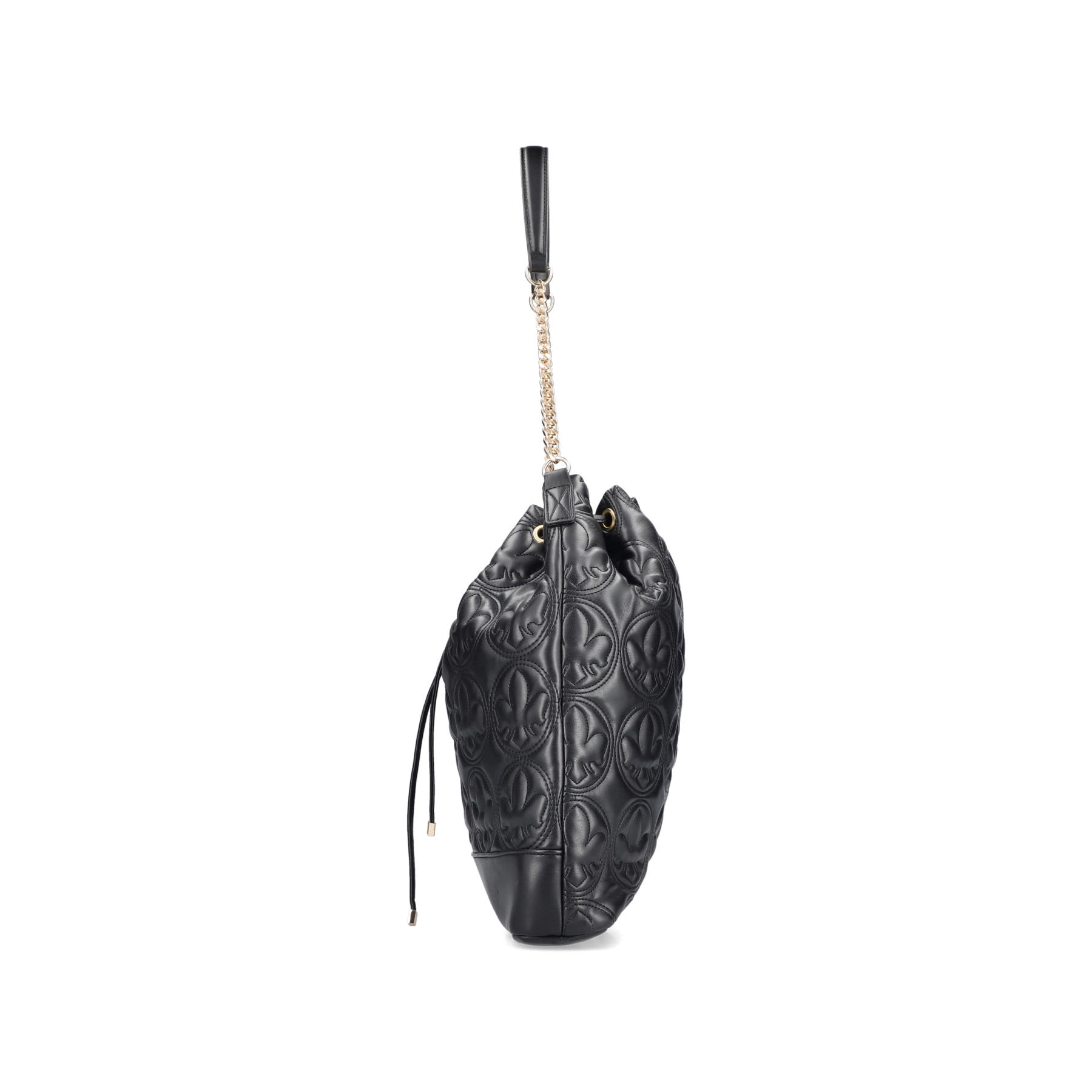 Sac bandoulière Rieker H1023-00 en noir à resserrer avec une chaîne dorée en tant que bandoulière. Côté droit.