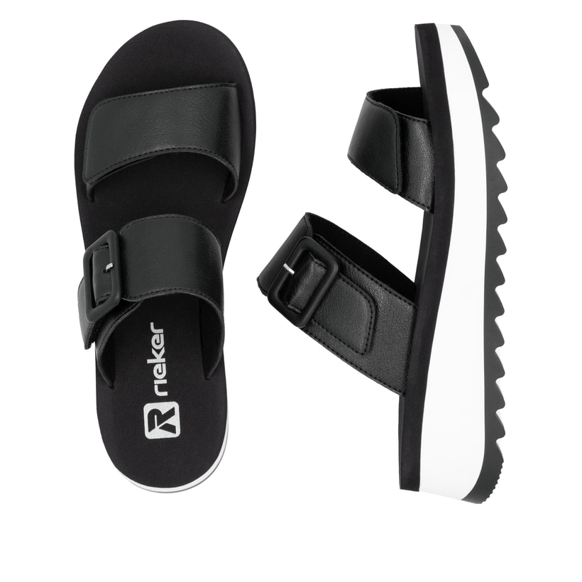 Schwarze Rieker Damen Pantoletten W3050-00 mit einem Klettverschluss. Schuh von oben, liegend.