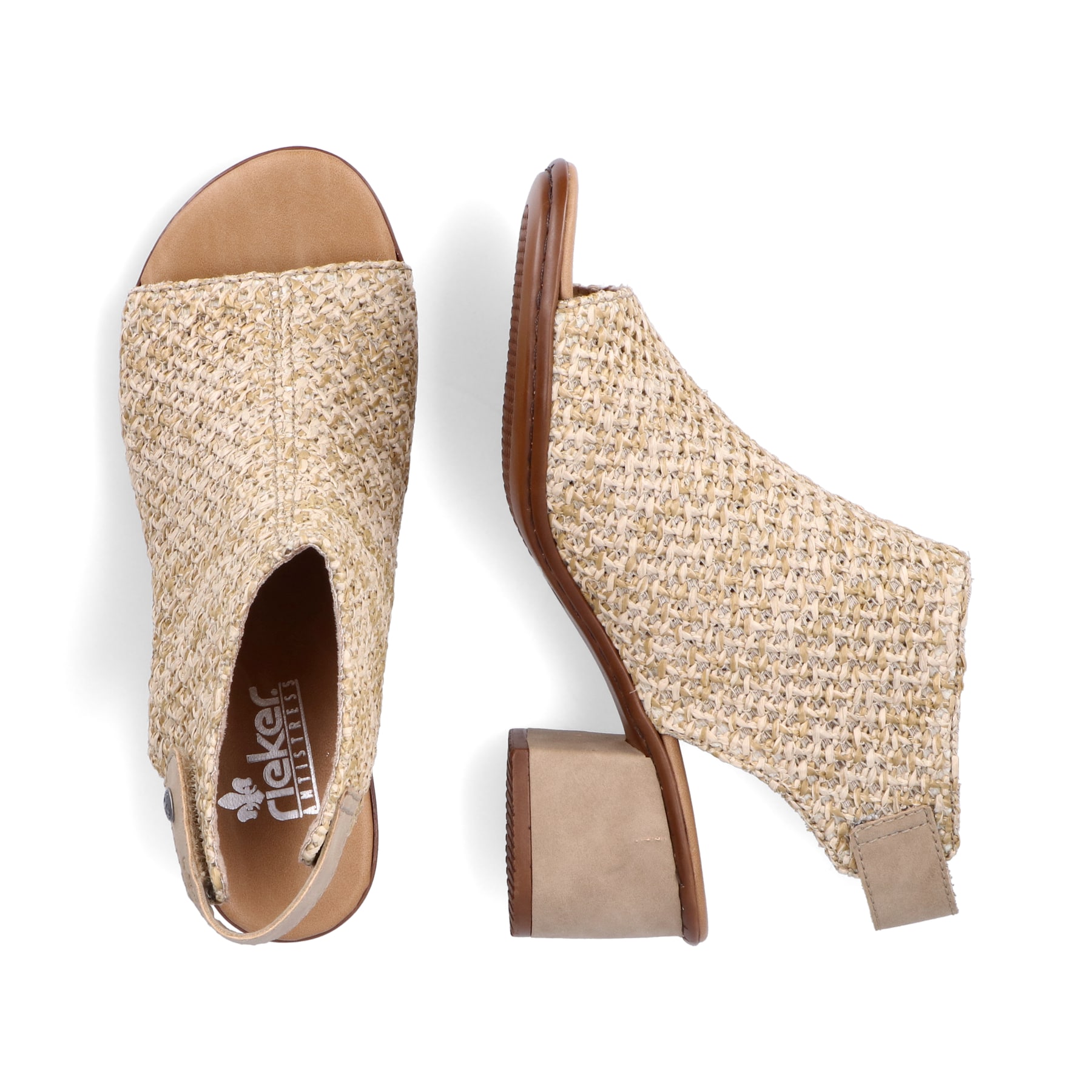 Beige Rieker Riemchensandaletten 64670-60 mit einem Klettverschluss. Schuh von oben, liegend.