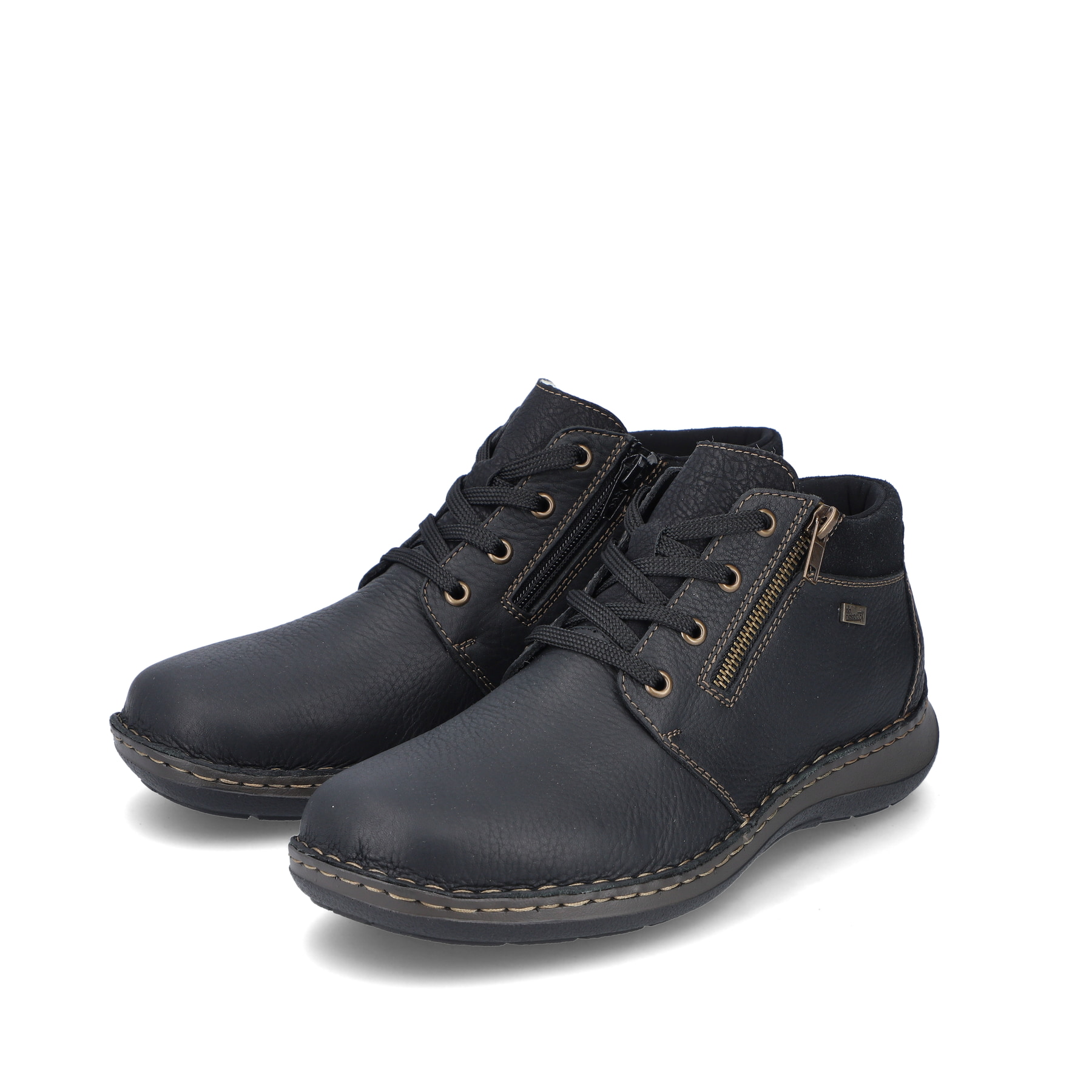 Asphaltschwarze Rieker Herren Schnürschuhe 03043-00 mit Schnürung und Reißverschluss. Schuhpaar schräg.