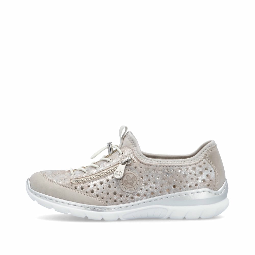 Metallische Rieker Damen Slipper L32P6-90 mit Deko-Reißverschluss sowie Gummizug. Schuh Außenseite.