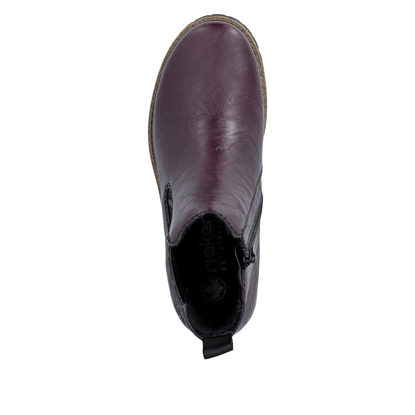 Brombeer-schwarze Rieker Damen Chelsea Boots 79592-30 mit einem Reißverschluss. Schuh von oben.