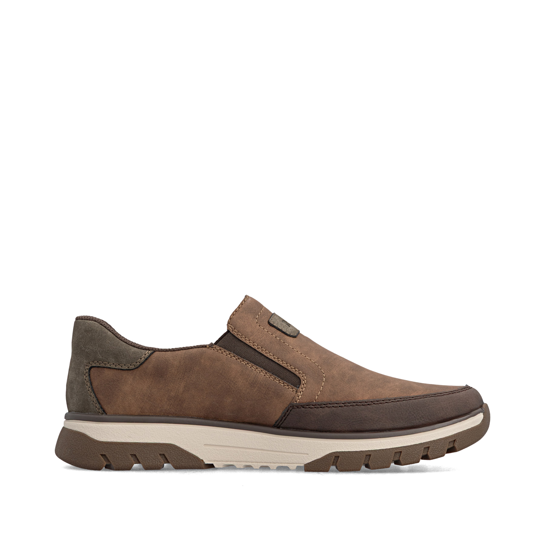 Mocassins Rieker marron pour homme B9350-24 avec bande élastique. Chaussure vue de l'arrière.
