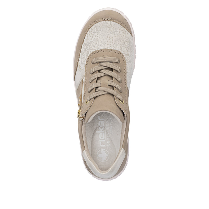 Beige Rieker Damen Schnürschuhe 59502-62 mit Reißverschluss sowie Extraweite H. Schuh von oben.