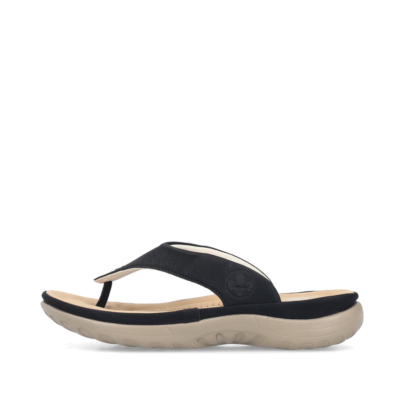 Schwarze Rieker Damen Zehentrenner 64802-00 mit einer ultraleichten Sohle. Schuh Außenseite.