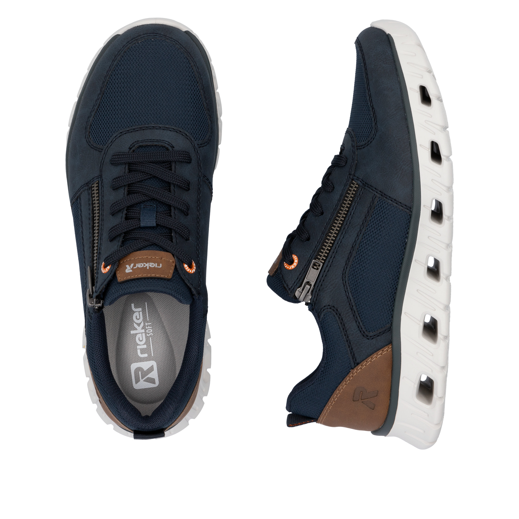 Blaue Rieker Herren Sneaker Low 04301-14 mit einem Reißverschluss. Schuh von oben, liegend.