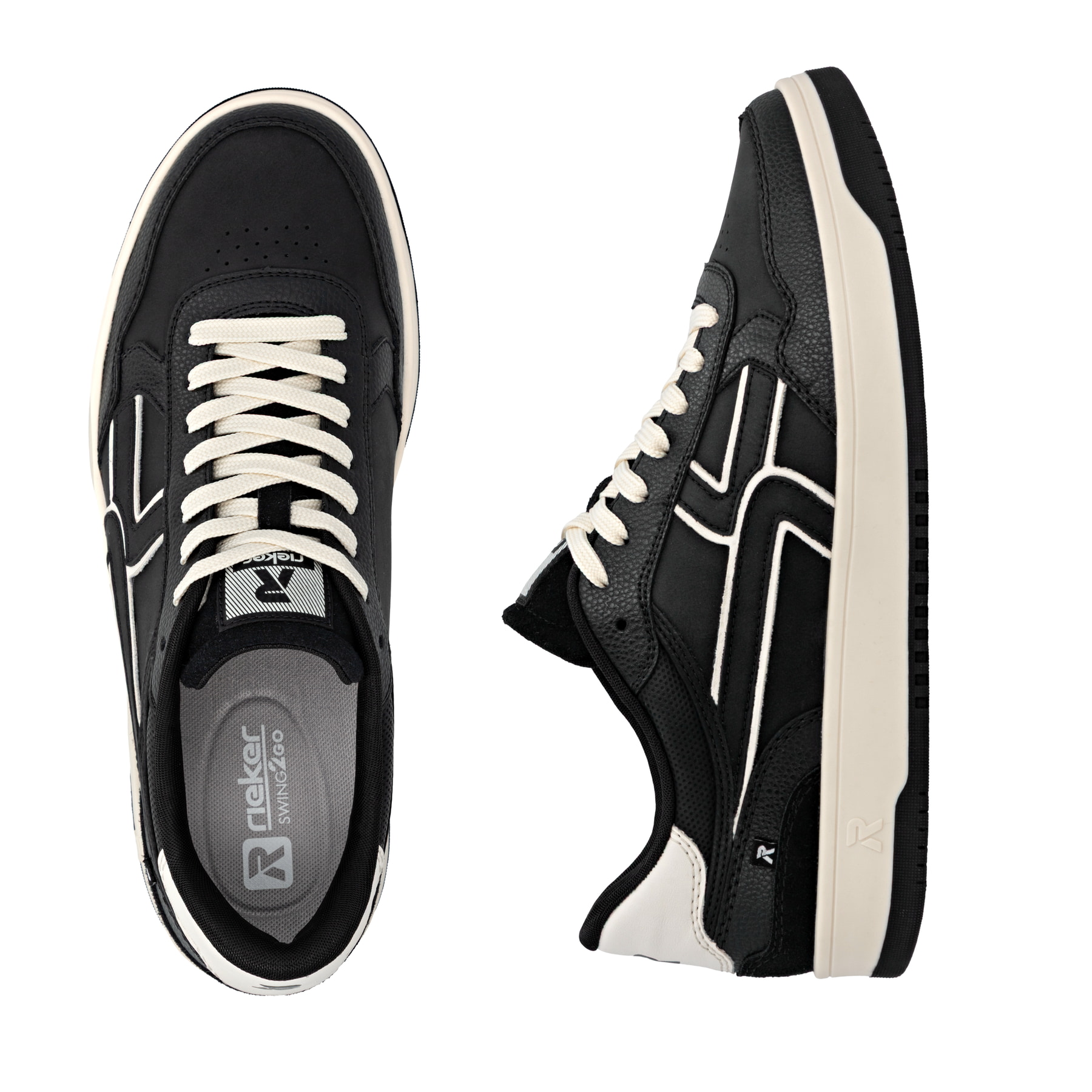 Baskets basses Rieker noires pour homme U1900-00 avec semelle durable. Chaussure vue de dessus, couchée.