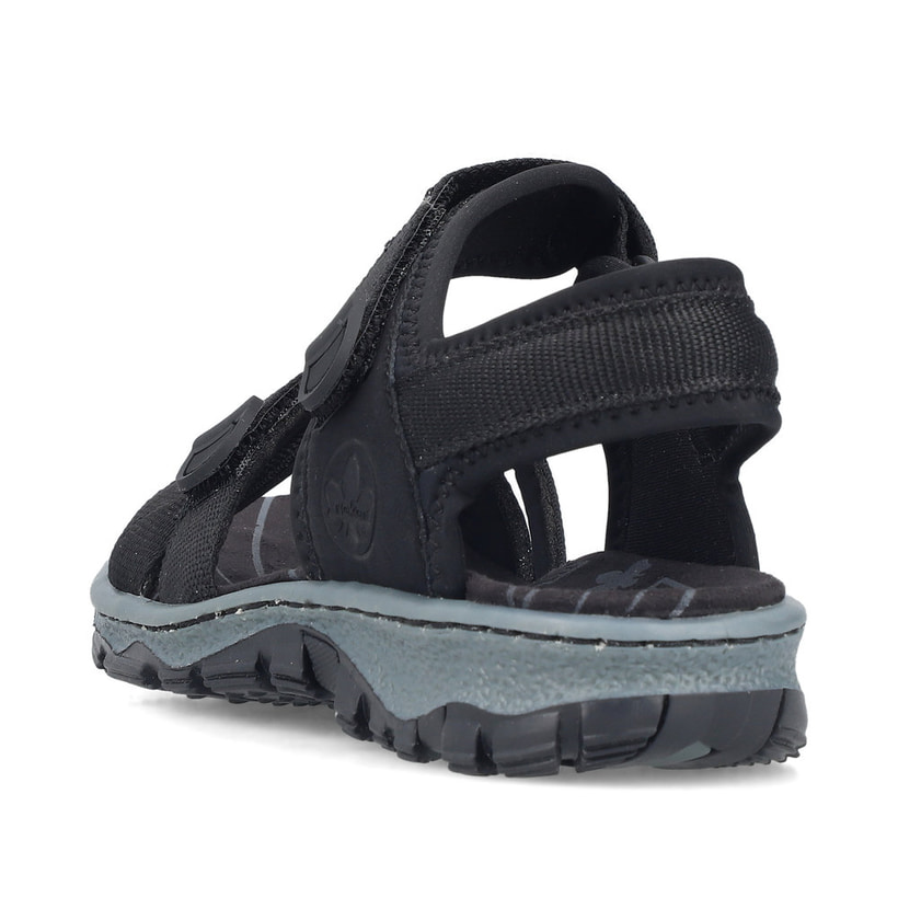 Schwarze Rieker Damen Trekkingsandalen 68852-00 mit einem Klettverschluss. Schuh von hinten.