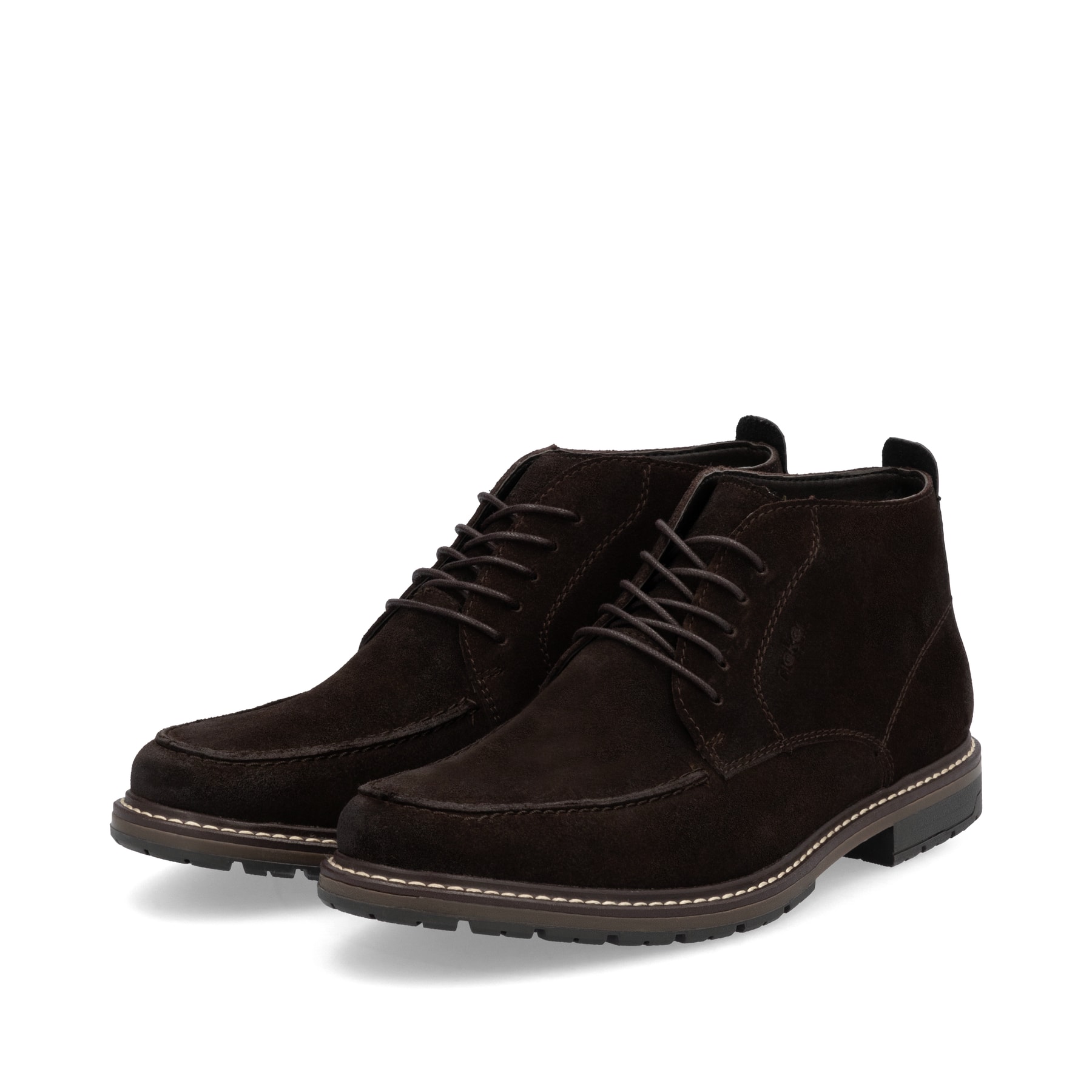 Dunkelbraune Rieker Herren Schnürschuhe 13700-25 mit der Komfortweite G 1/2. Schuhpaar seitlich schräg.