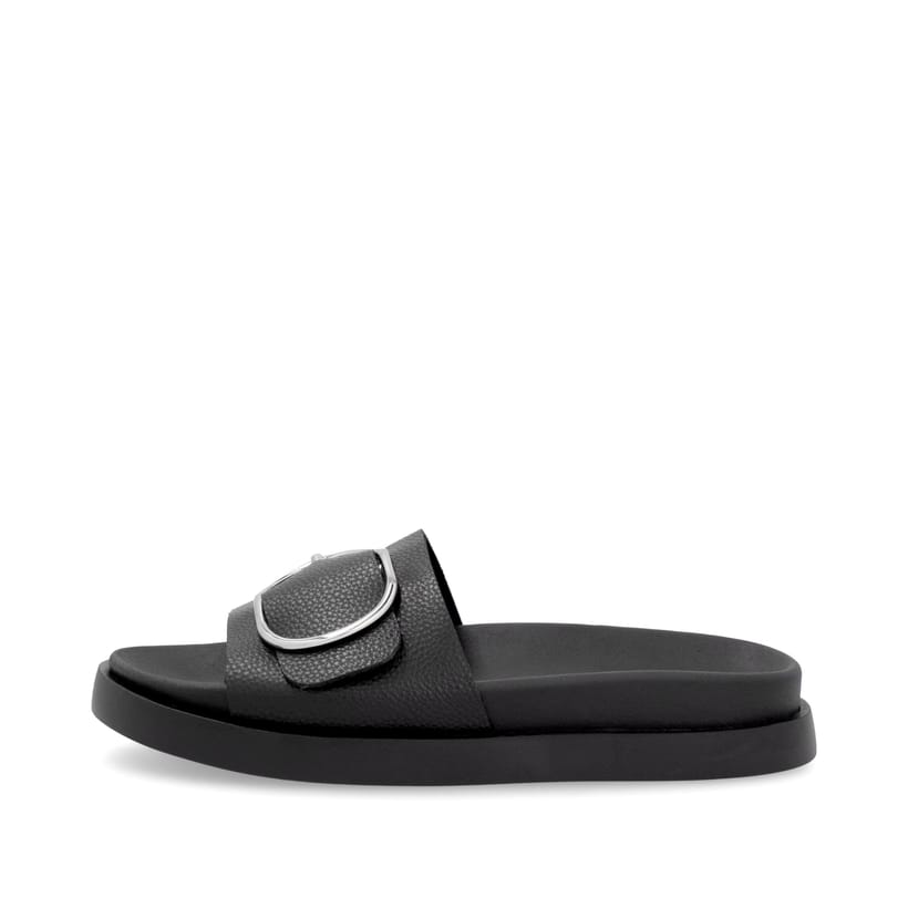 Schwarze Rieker Damen Pantoletten W1453-00 mit Gummizug sowie trendigen Schnalle. Schuh Außenseite.
