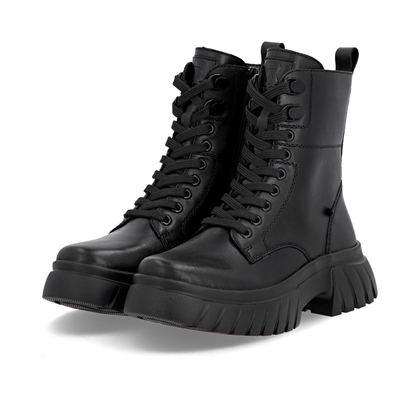 Schwarze Rieker Damen Schnürstiefel W1870-02 aus Glattleder mit Reißverschluss. Schuhpaar seitlich schräg.