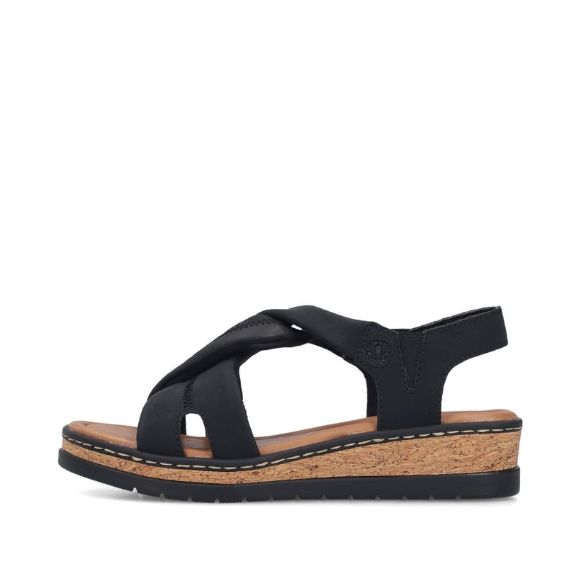Sandales à lanières Rieker noires femme V4161-00 avec bande élastique. Côté extérieur de la chaussure.