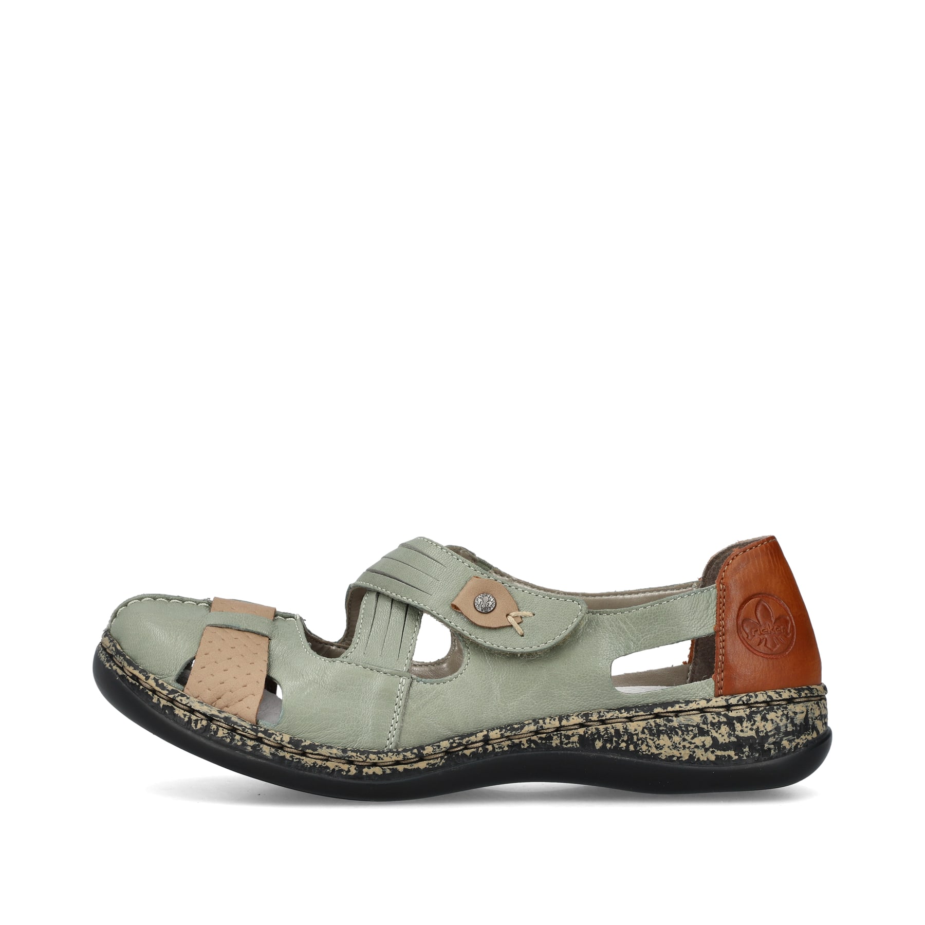 Grüne Rieker Ballerinas 46368-52 mit einem Klettverschluss. Schuh Außenseite.