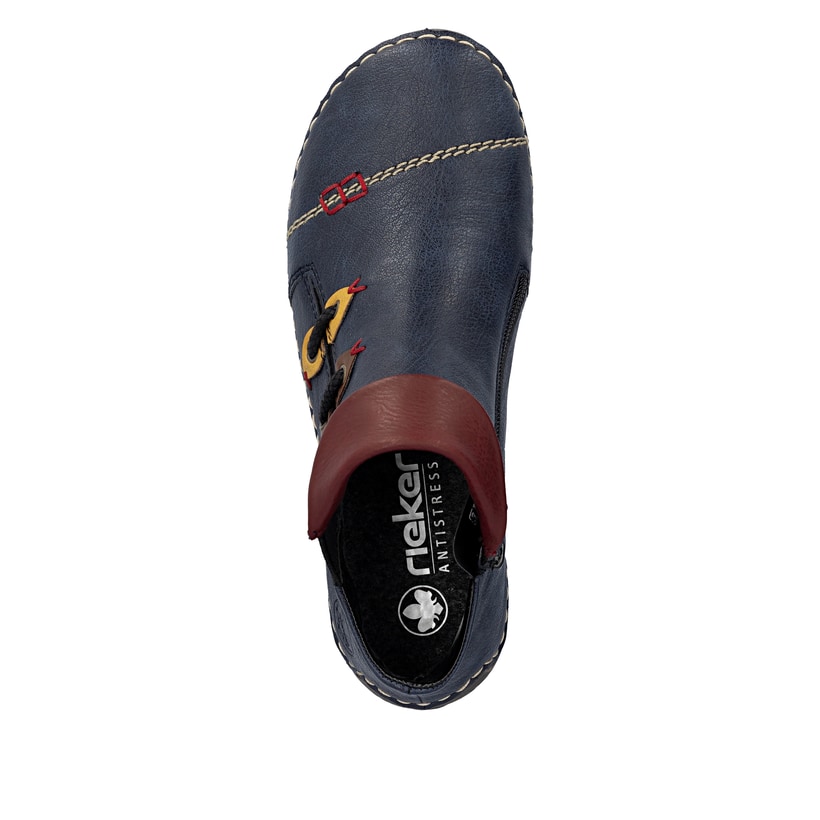 Dunkelblaue Rieker Damen Kurzstiefel 72581-14 mit farbenfrohen Details. Schuh von oben.