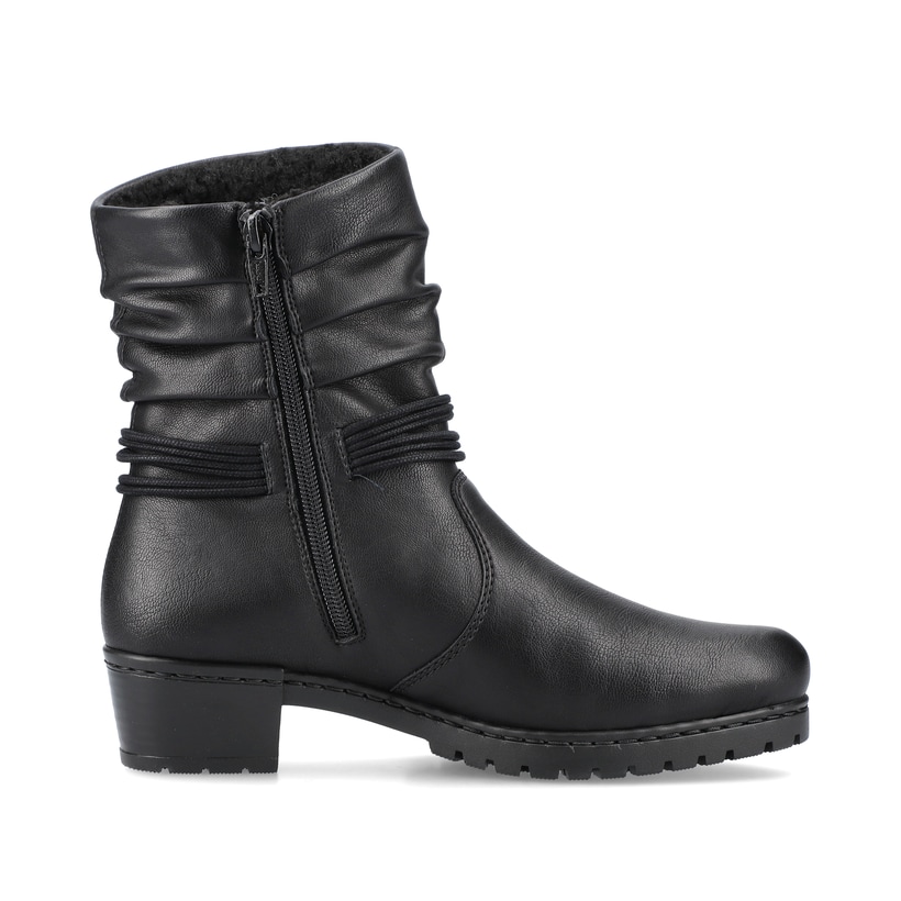 Tiefschwarze Rieker Damen Stiefeletten Y17R2-00 mit Reißverschluss sowie Blockabsatz. Schuh Innenseite