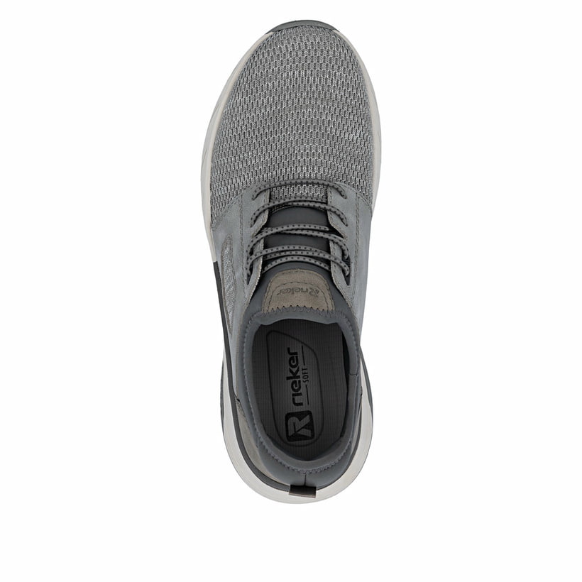 Graue Rieker Herren Slipper 06150-40 mit einem Gummizug sowie einem Gel-Fußbett. Schuh von oben.