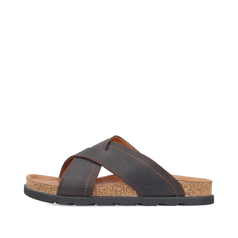Braune Rieker Herren Pantoletten 21192-25 mit Extraweite H sowie flexibler Sohle. Schuh Außenseite.