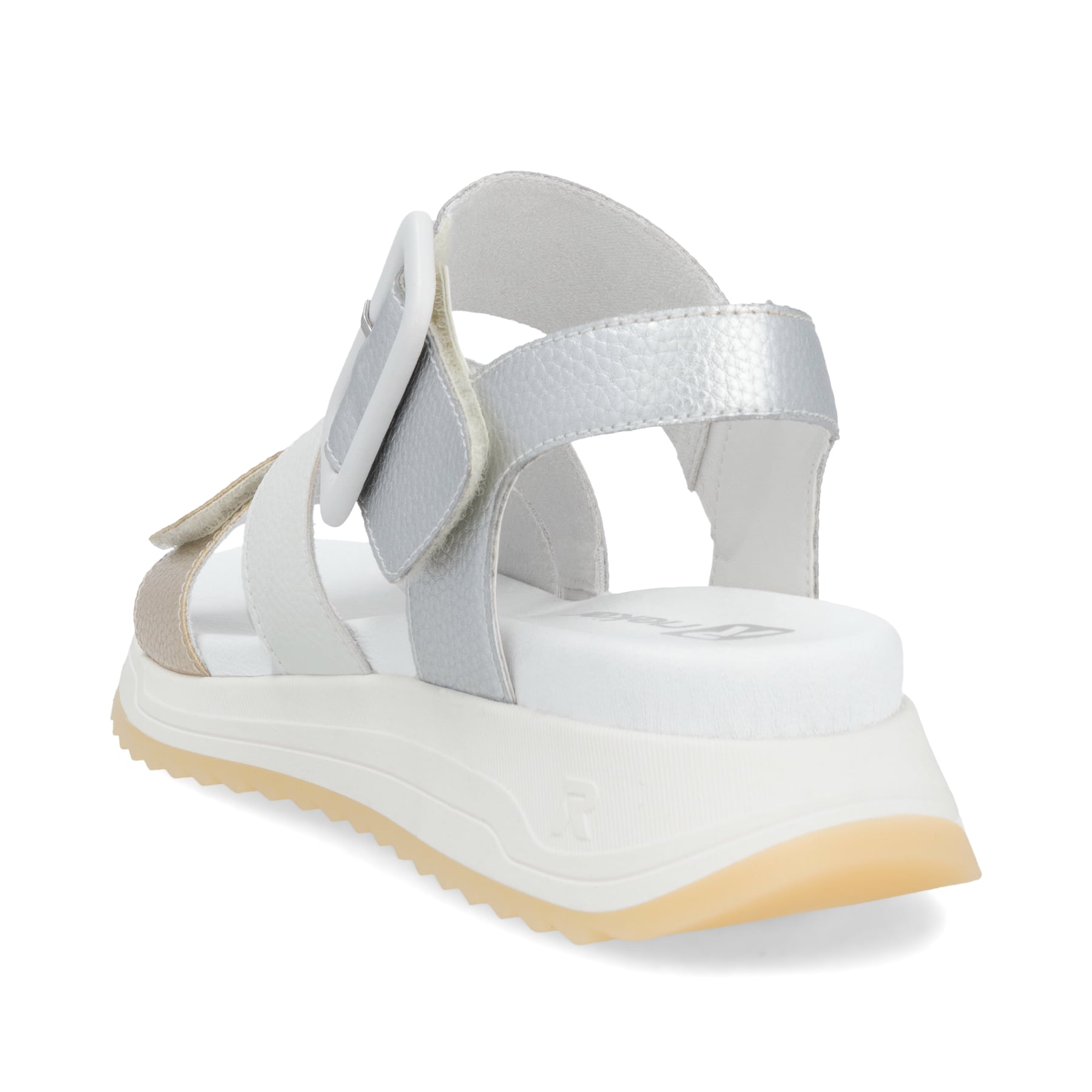 Goldene Rieker Damen Riemchensandalen W2950-90 mit einem Klettverschluss. Schuh von hinten.