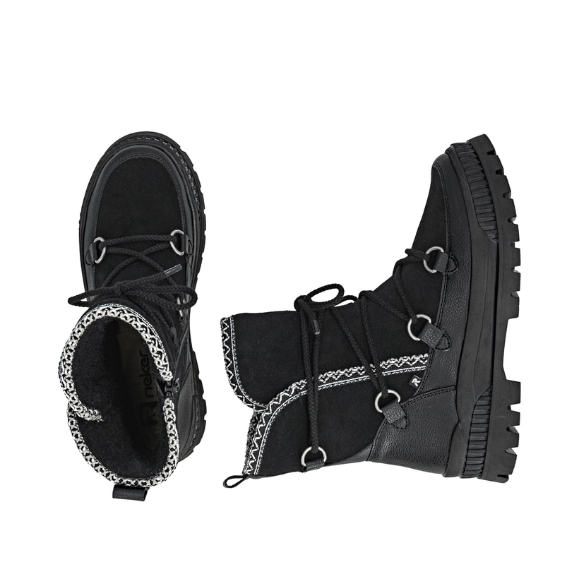 Schwarze Rieker Damen Kurzstiefel W2175-00 aus Rauleder mit weißer Zickzack-Naht. Schuh von oben, liegend.