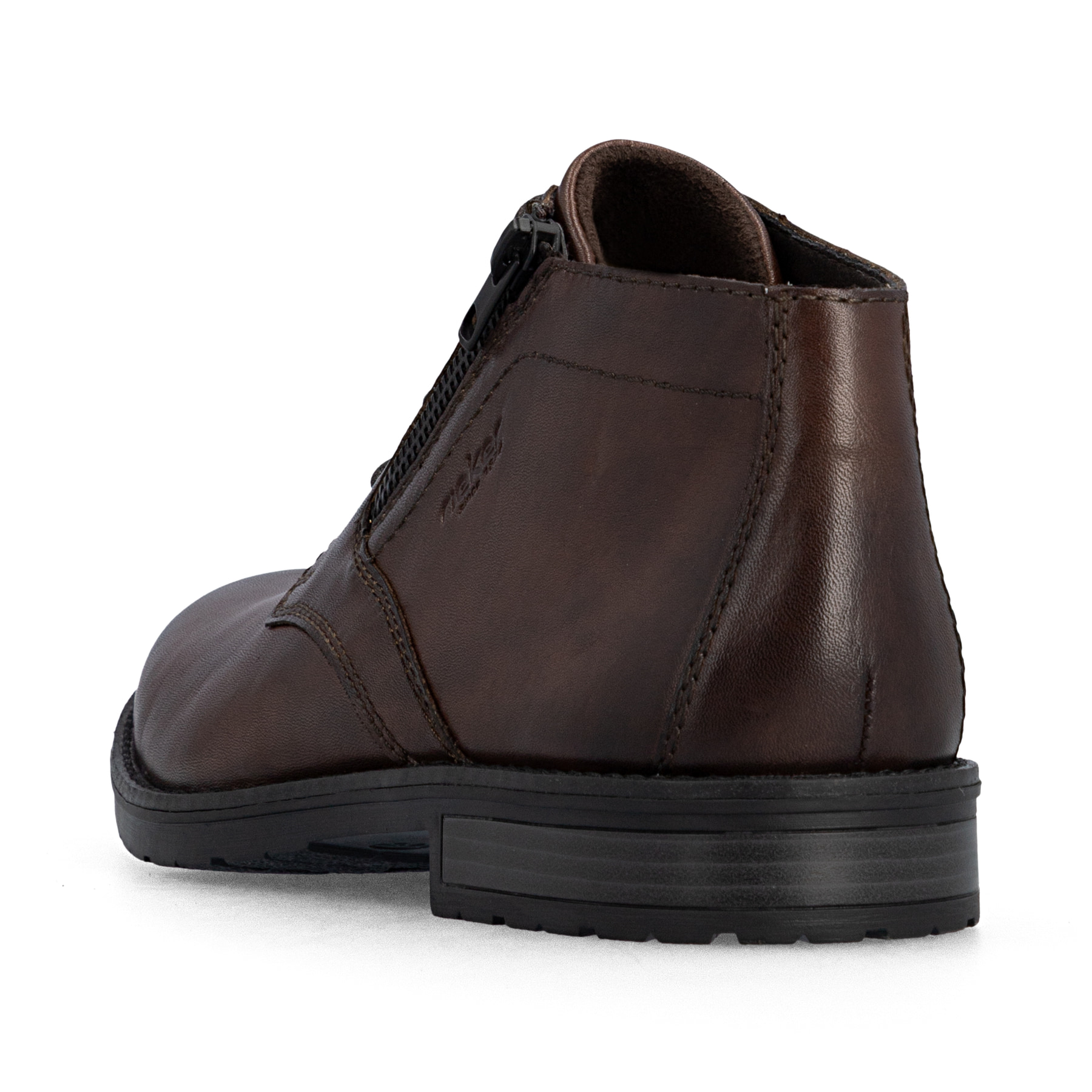 Dunkelbraune Rieker Herren Kurzstiefel 14609-25 aus Glattleder. Schuh von hinten.