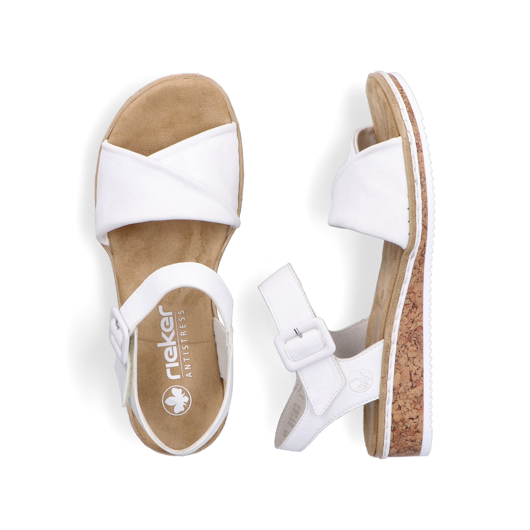 Weiße Rieker Keilsandaletten V3691-80 mit trendigen Schnalle. Schuh von oben, liegend.