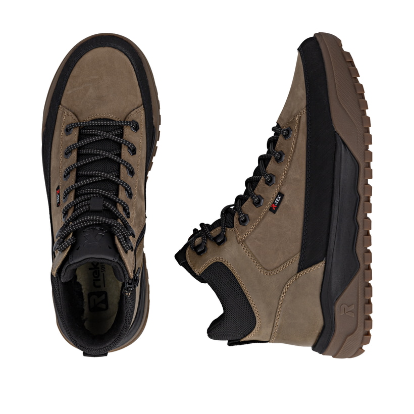 Braune Rieker Herren Schnürstiefel U1571-20 mit wasserabweisender TEX-Membran. Schuh von oben, liegend.