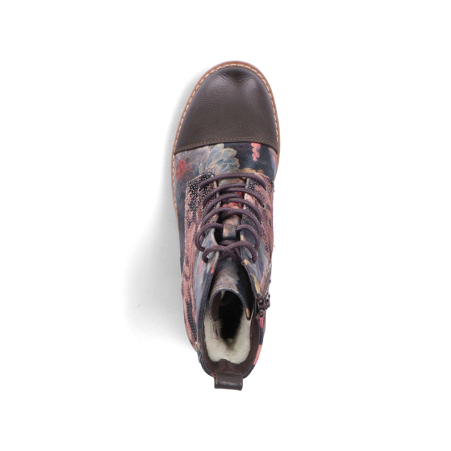 Mehrfarbige Rieker Damen Schnürstiefel 94611-91 mit einem Reißverschluss. Schuh von oben.