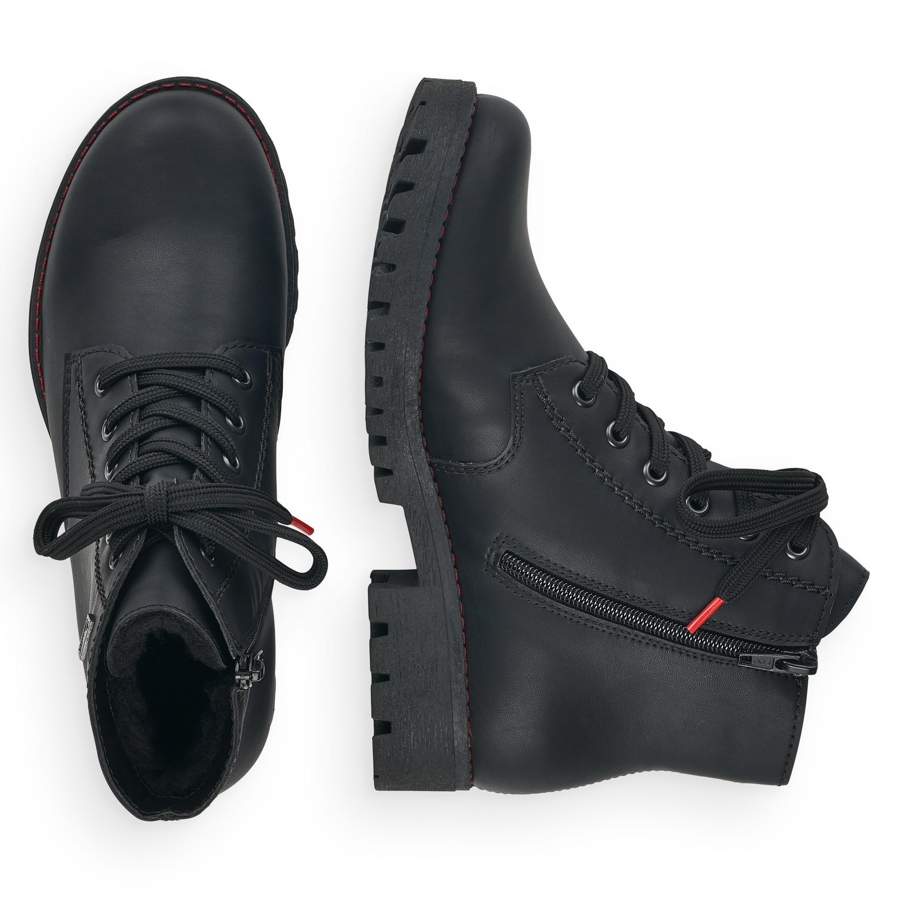 Schwarze Rieker Damen Schnürstiefel 785M1-00 mit wasserabweisender TEX-Membran. Schuh von oben, liegend.