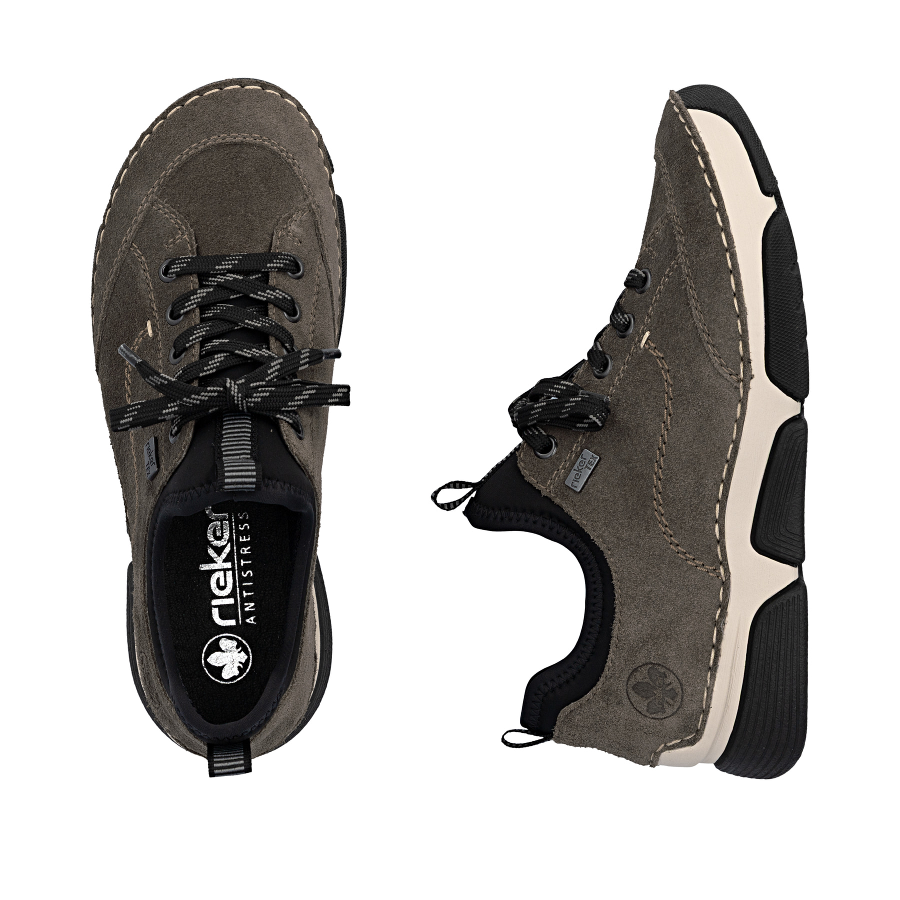 Dunkelgraue Rieker Damen Slipper 45976-45 aus Rauleder. Schuh von oben, liegend.