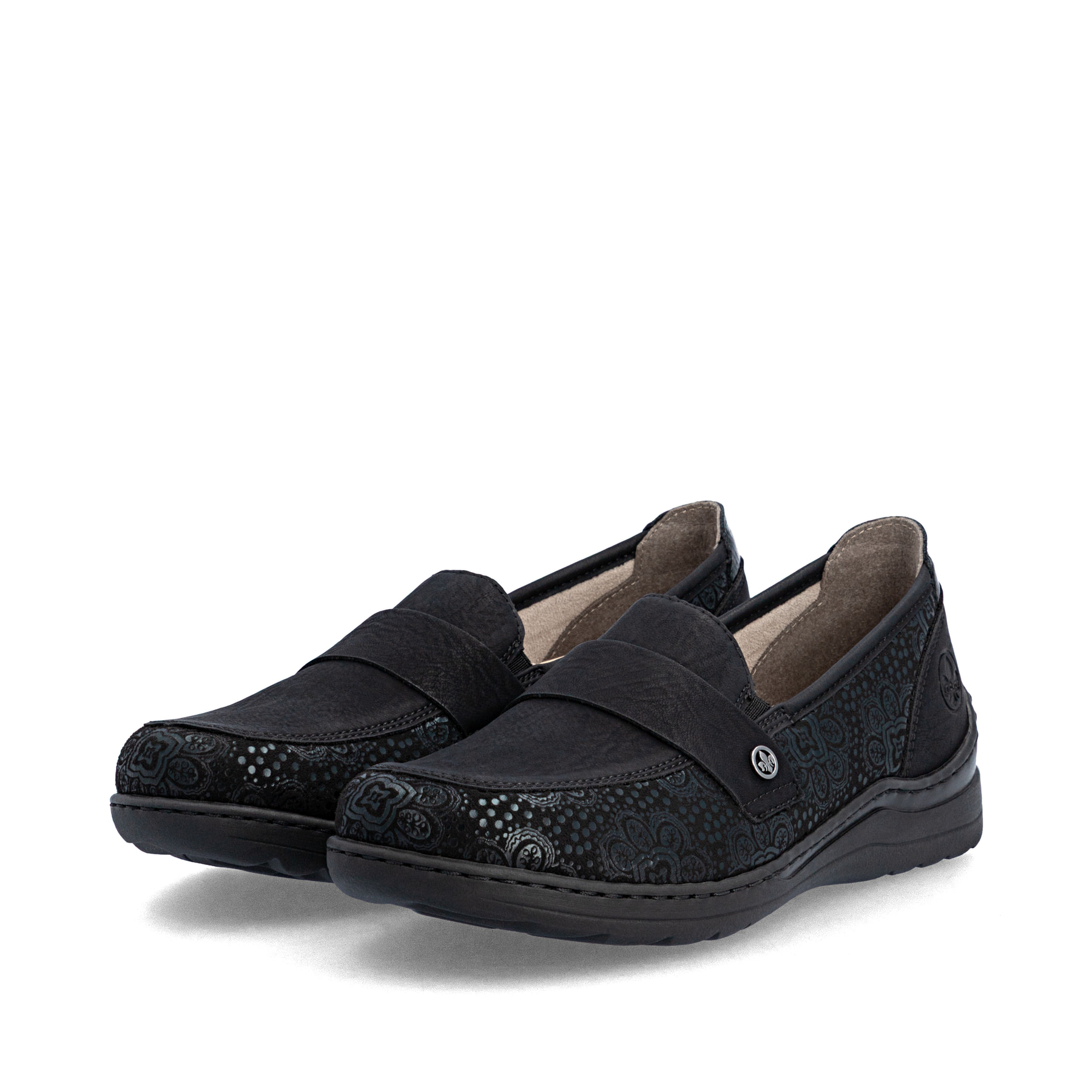 Mocassins Rieker noirs pour femmes 48968-00 avec bande élastique. Chaussures inclinées sur le côté.