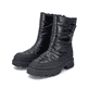 
Glanzschwarze Rieker Damen Kurzstiefel Y9380-00 mit einer leichten Profilsohle. Schuhpaar schräg.