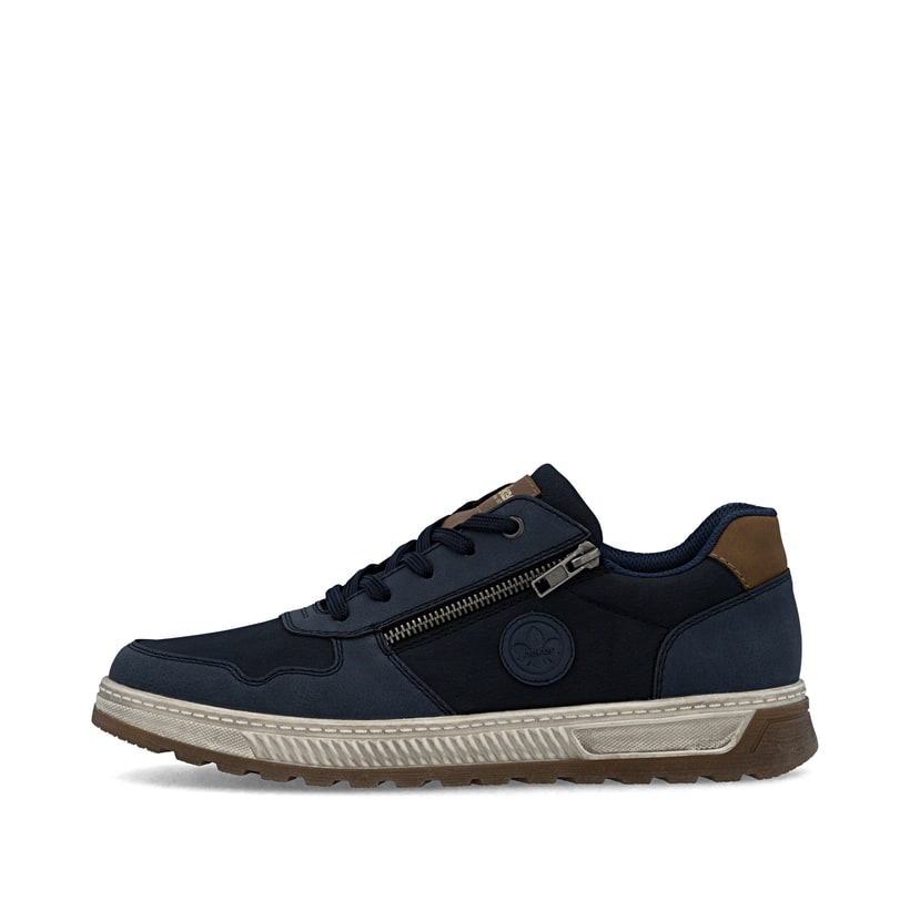 Baskets basses Rieker bleues pour homme 37029-14 avec détails marrons. Côté extérieur de la chaussure.